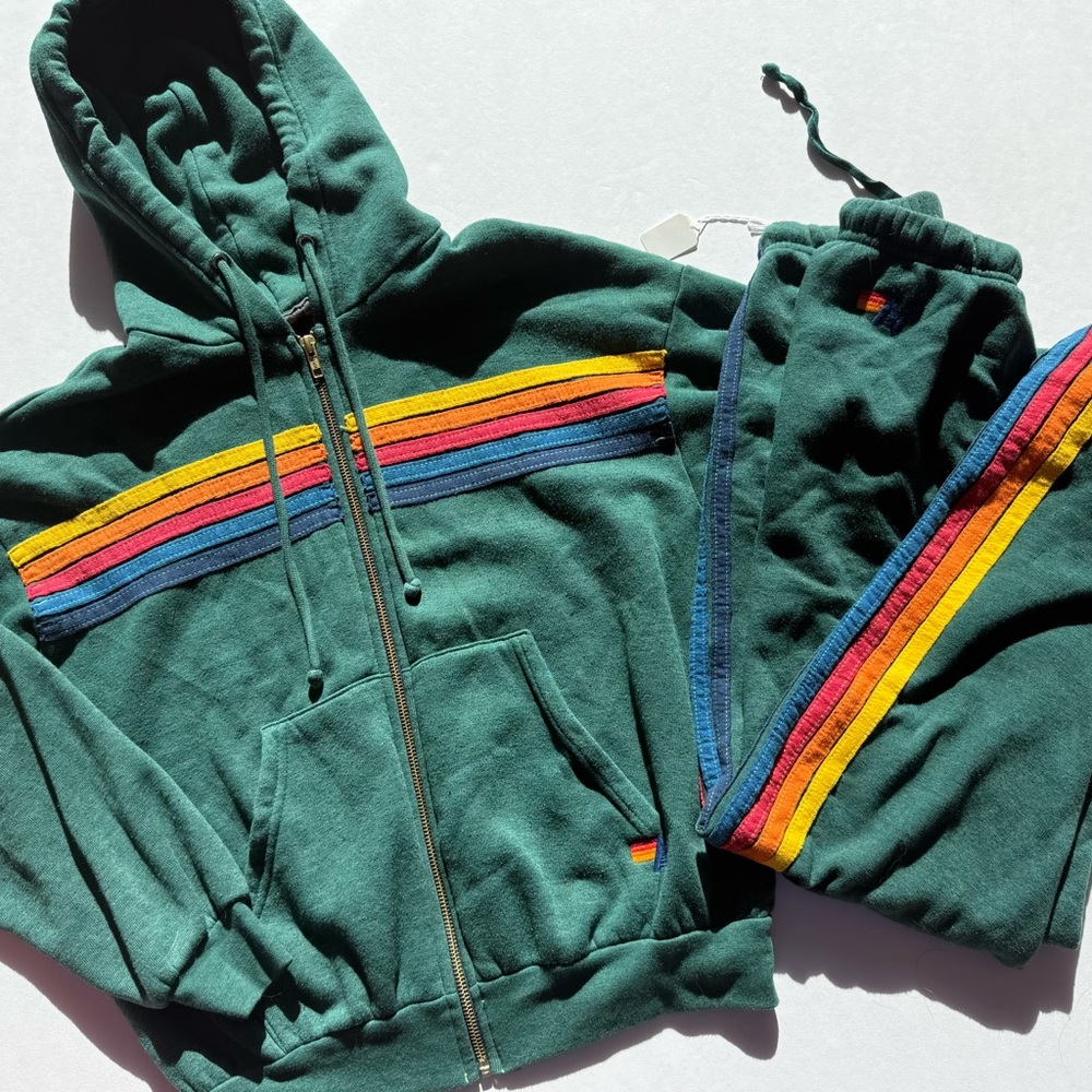 Aviator Nation Green Hoodie and Sweatpants Set with Rainbow Stripes